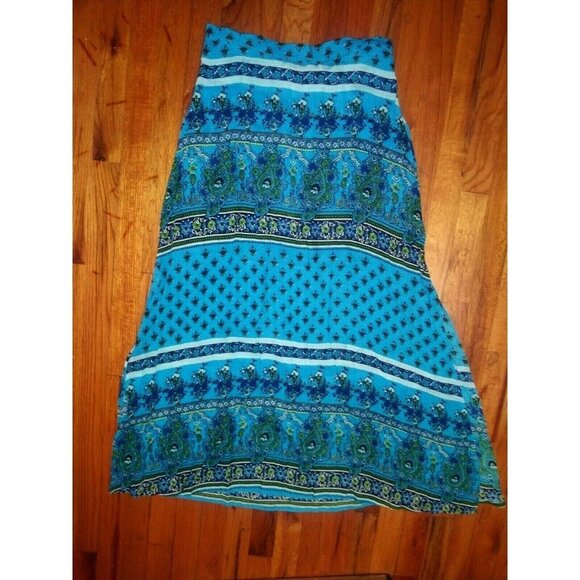 Womens L maxi skirt Cottagecore Peasant modest Boho printed teal blue side slits - Picture 2 of 11